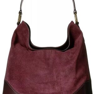 Frye Wine Leather and Suede Hobo Bag with Antique Brass Hardware